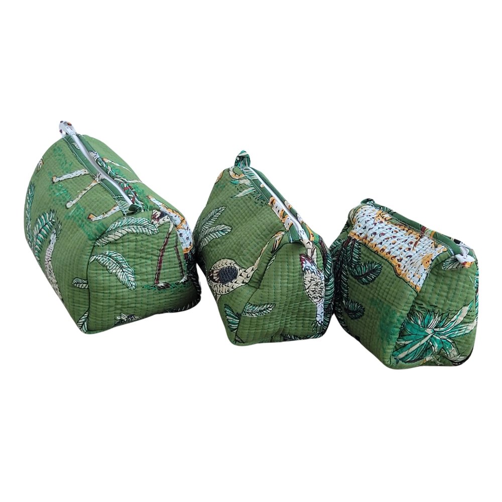 100% Cotton Quilted Makeup Bags Set, 3-Piece Tropical Green Print, Cotton Travel Toiletry Storage Pouches with Waterproof Lining Storage Bags with Zipper Closure
