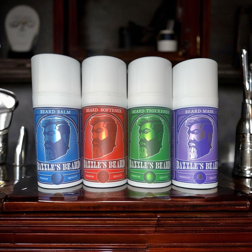 Bazzle's Premium Beard Care Kit, All-in-One Set of 4 Products: Balm, Softener, Thickener, Mask
