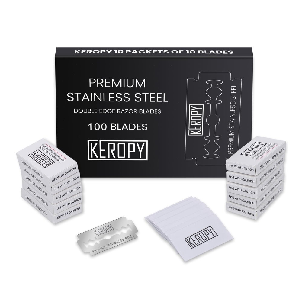 KEROPY 100 Safety Razor Blades - Super Sharp Stainless Steel & Lifetime Supply for Smooth Shaving, Individually Wax-Sealed, Universal Razor Compatibility