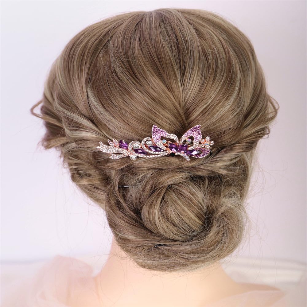 Aimimier Dainty Crystal Flower Hair Comb Sparkly Rhinestone Inlaid Hair Piece Long Teeth Side Combs Wedding Hair Accessories for Women (Purple)