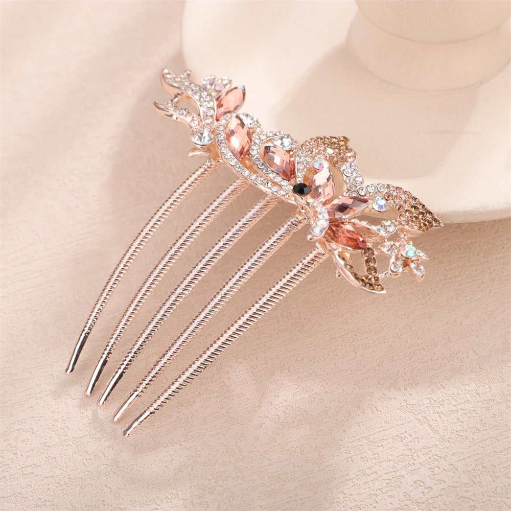 Aimimier Dainty Crystal Flower Hair Comb Sparkly Rhinestone Inlaid Hair Piece Long Teeth Side Combs Wedding Hair Accessories for Women (Champagne)