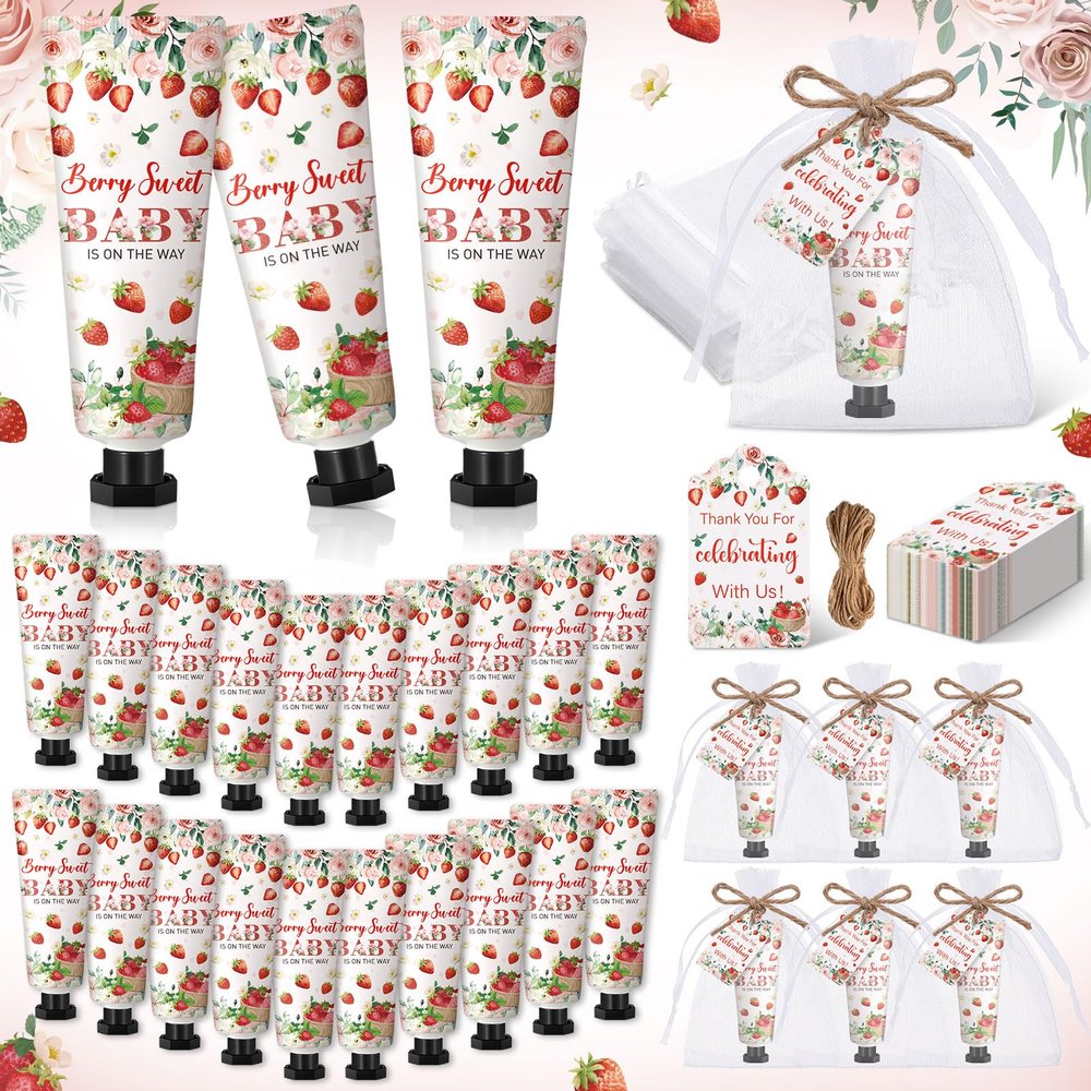 Dansib 48 Sets Strawberry Hand Cream Gifts Baby Shower Party Hand Cream Favors for Guests Berry Sweet Baby Is on the Way Gift Bulk Travel Size Hand Lotion Set for Guest