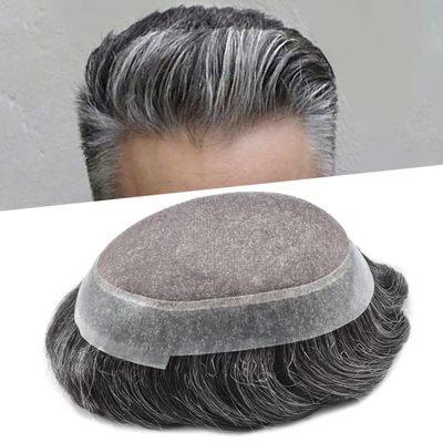 Right Hair Toupee For Men's Hair Piece Real Human Hair Fine Monofilament Hair Replacement System For Mens Hair System Natrual Hairline 8X10#1B65#1B Off Black+65% Grey 120% Density