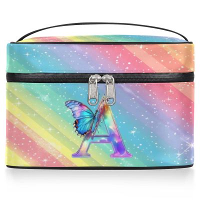 Ioracida Personalized Makeup Bag Cosmetic Bag, PU Leather Waterproof Custom Butterfly Initials Travel Toiletry Bag for women, Personalized Birthday Gift for Sister Friends, Rainbow Glitter