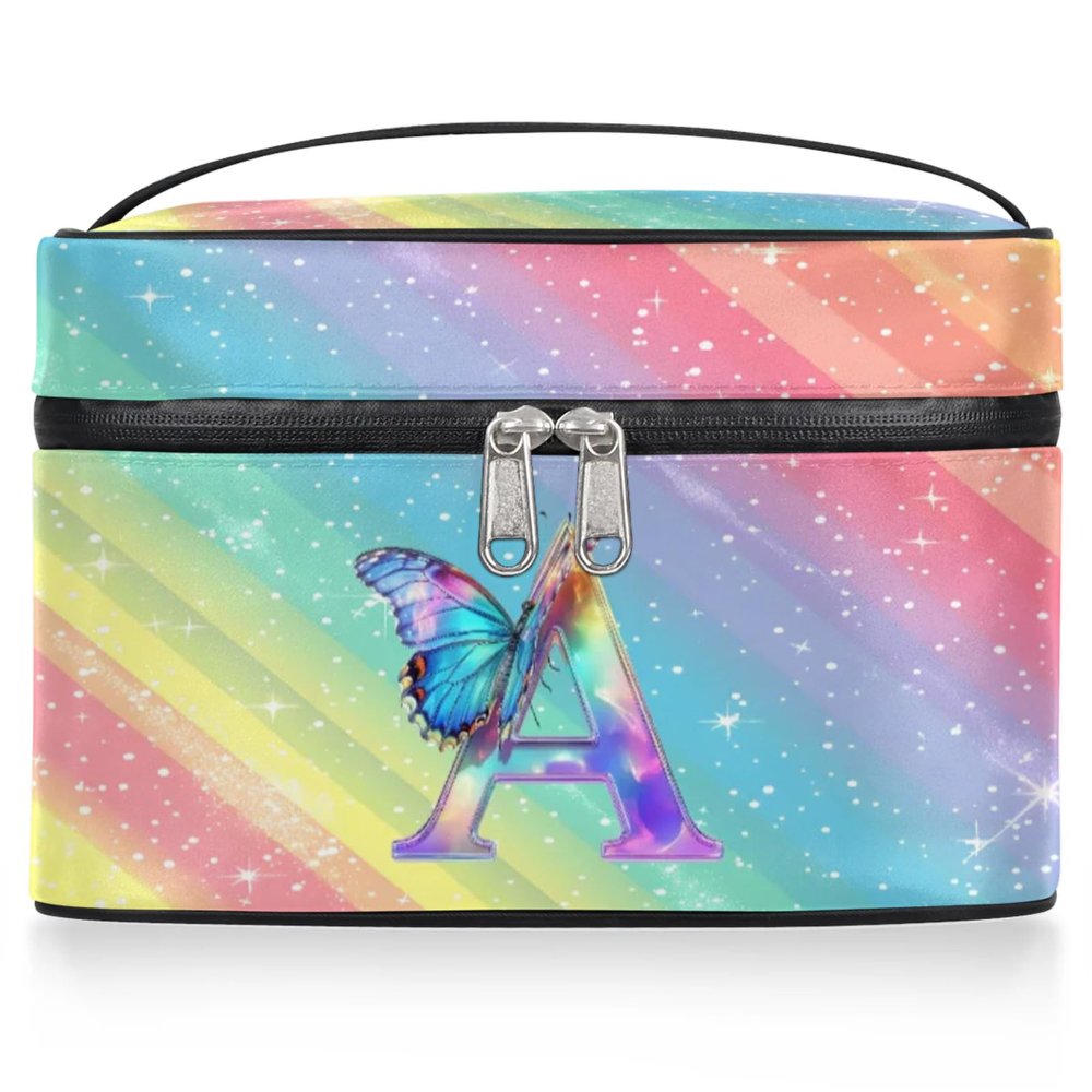Ioracida Personalized Makeup Bag Cosmetic Bag, PU Leather Waterproof Custom Butterfly Initials Travel Toiletry Bag for women, Personalized Birthday Gift for Sister Friends, Rainbow Glitter