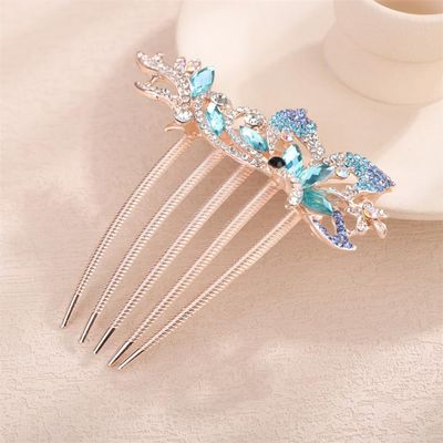 Aimimier Dainty Crystal Flower Hair Comb Sparkly Rhinestone Inlaid Hair Piece Long Teeth Side Combs Wedding Hair Accessories for Women (Blue)