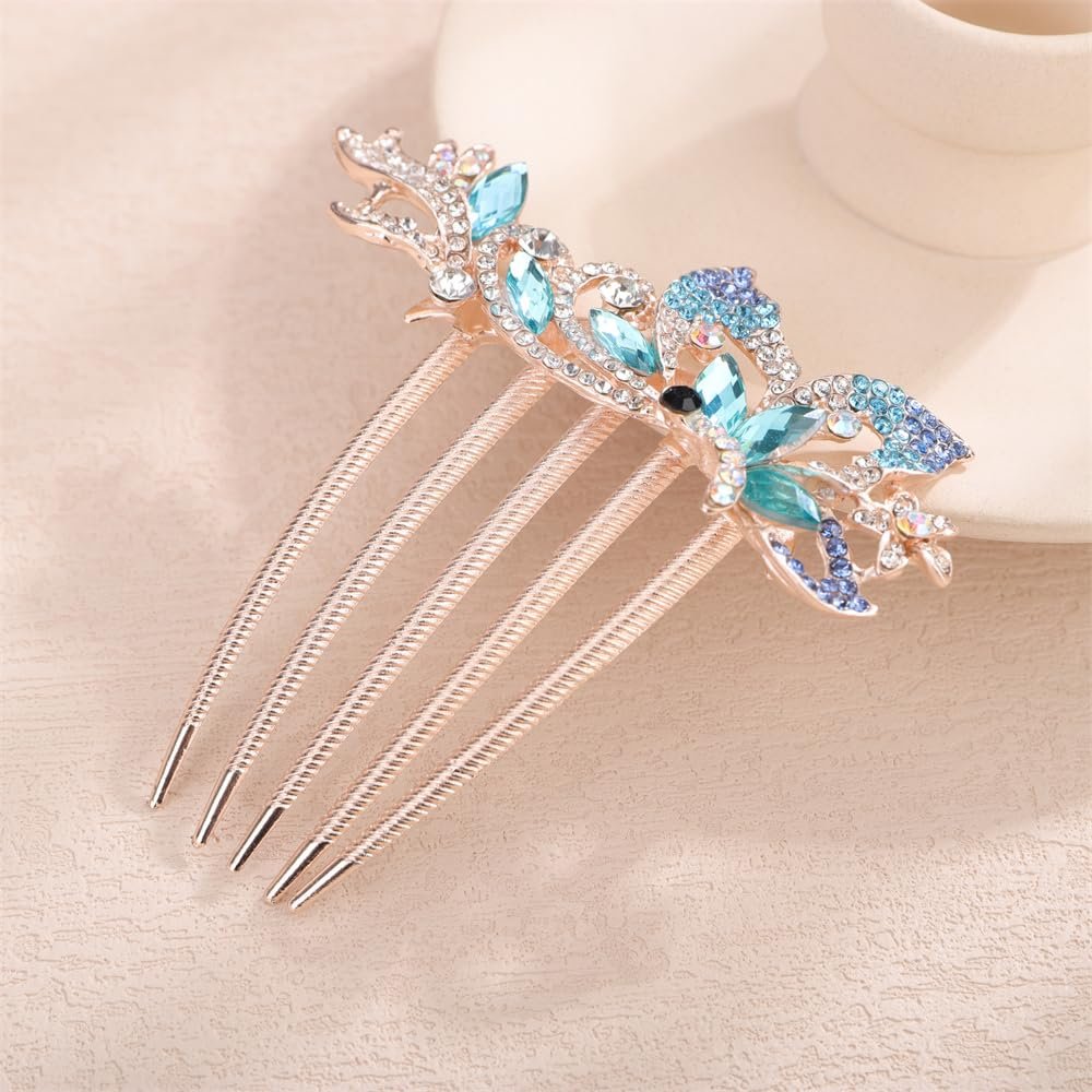 Aimimier Dainty Crystal Flower Hair Comb Sparkly Rhinestone Inlaid Hair Piece Long Teeth Side Combs Wedding Hair Accessories for Women (Blue)