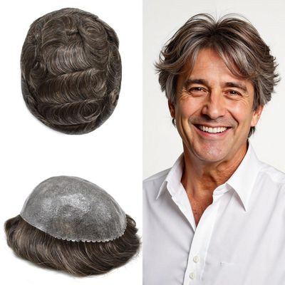 Hair Wonders Toupee for Men Hair System Real Human Hair Full Poly Skin Hairpiece for Men Replacement Systems Invisible Hairline Protesis Capilar #330#3 Dark Brown+30% Gray 7x9 120% Density
