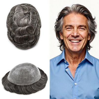 Hair Wonders Toupee for Men Hair System Real Human Hair Full Poly Skin Hairpiece for Men Replacement Systems Invisible Hairline Protesis Capilar #240#2 Darkest Brown+40% Gray 6x8 120% Density