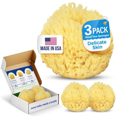 Baby Buddy Natural Bath Sponge, Ultra-Soft Sea Wool, Gentle on Baby's Skin, Hypoallergenic, Biodegradable, 3-Pack, 4in for Baby & Infant Bath Time