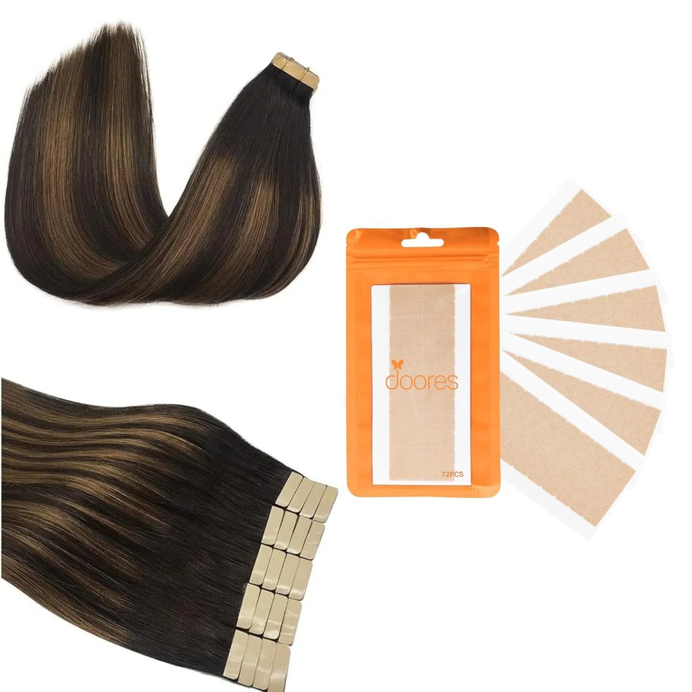 DOORES Tape in hair extension + Tape Tabs, 50g 20pcs 18 Inch Tape in Human Hair Extensions Balayage Dark Brown to Chestnut Brown and 72pcs Double Sided Tape Adhesive