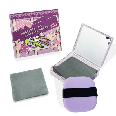 BOROLA 3-in-1 Bamboo Charcoal Oil Blotting Paper Set for Face 100 Sheets Oil Absorbing Sheet with Portable Mirror & Adhesive Makeup Puff, Blotting Paper for Oily Skin, Design for Men & Women(Purple)