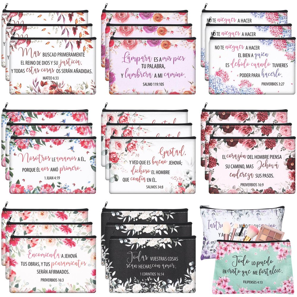 Kacctyen 30 Pcs Spanish Bible Christian Women's Religious Gift Cosmetic Bags Inspirational Bible Verse Pencil Pouch Motivational Makeup Bag with Zipper for Travel (Classic)