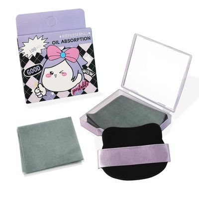 BOROLA 3-in-1 Cute Girl Bamboo Charcoal Oil Blotting Paper Set for Face 100 Sheets Oil Absorbing Sheet with Portable Mirror & Adhesive Makeup Puff, Blotting Paper for Oily Skin, Design for Men & Women