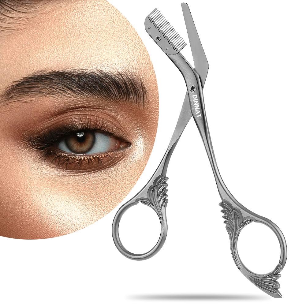 DINNAT Eyebrow Trimmer Scissor With Comb, Eyebrow Trimmers, Professional Precision Eyebrow Trimmer, Stainless Steel Eyebrow Trimmer Scissors with Combs, A Must-have Makeup Tool (Dark Grey)