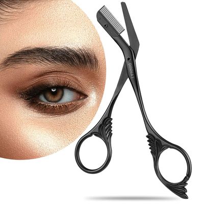 DINNAT Stainless Steel Eyebrow Trimmer Scissor With Comb, Eyebrow Trimmers, Professional Precision Eyebrow Trimmer, Eyebrow Trimmer Scissors with Combs, A Must-have Makeup Tool (Black)