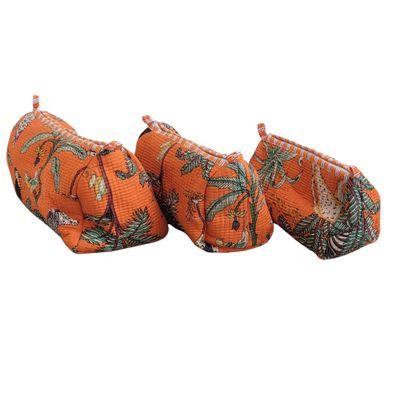 100% Cotton Quilted Makeup Bags Set, 3-Piece Tropical Orange Print, Cotton Travel Toiletry Storage Pouches with Waterproof Lining Storage Bags with Zipper Closure