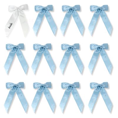 12 Pcs "Tying the Knot" White & Blue Pink Satin Hair Bows by Stag & Hen | Bow Knot Long Tail Ribbon Alligator Clip Accessory | Bachelorette Party Bridal Shower Wedding | Bridesmaid Proposals Gifts