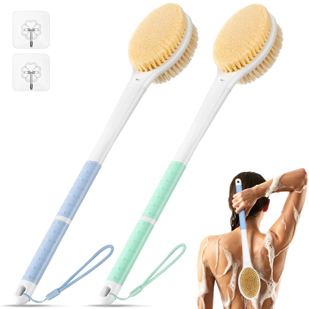 Back Scrubber Body Shower Brush: Anti Slip Long Handle Bath Brush with Stiff and Soft Bristles - Showering Exfoliator for Women, Men, Elderly(Blue & Mint Green)