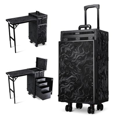 BYOOTIQUE Barber Salon Manicure Table for Nail Tech with Wheels Foldable Rolling Makeup Case with Fodable Desk for Cosmetologist Beauty Salon Barbershop Manicurist Hair Stylist, CTB Black
