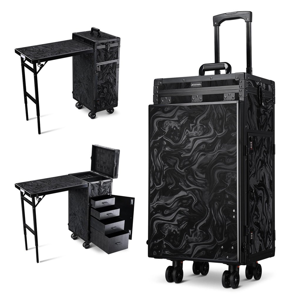 BYOOTIQUE Barber Salon Manicure Table for Nail Tech with Wheels Foldable Rolling Makeup Case with Fodable Desk for Cosmetologist Beauty Salon Barbershop Manicurist Hair Stylist, CTB Black