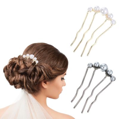2 Pcs Pearls French Twist Hair Pin Pearl Decorative Hair Comb Metal French Hair Pin Elegant U Shaped Hair Pins Pearls Fork Clip For Women Perfect For Weddings Parties And Daily Wear Black & Gold