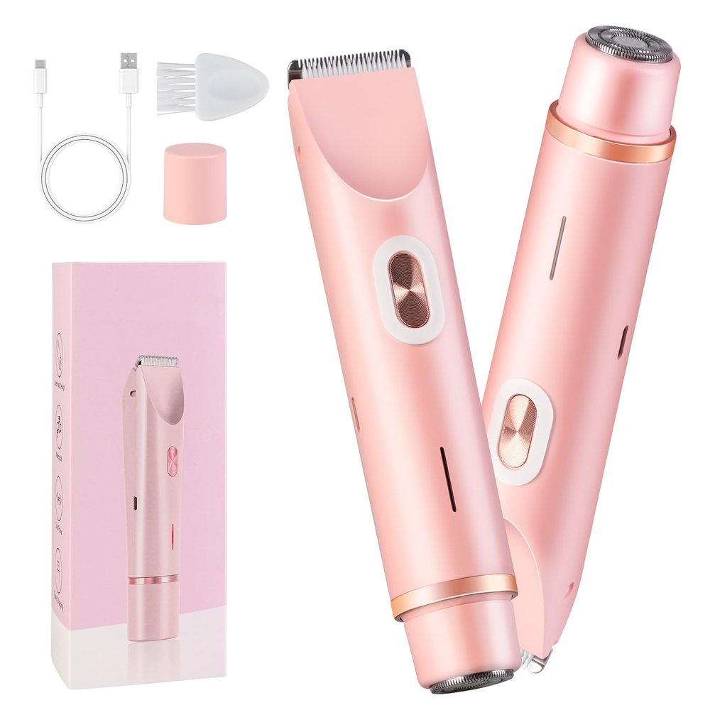 hehred 2 in 1 Electric Lady Shaver, Dual Head Bikini Trimmer for Women Shaver, Comfort Electric Shaver for Underarm Leg Arm Body Face Hair, Pink