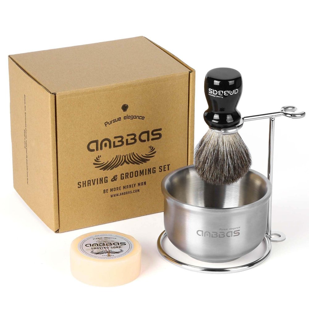 Anbbas Badger Hair Shaving Brush,Stainless Steel Stand Holer for Razor and Brush, Shaving Soap and Bowl,4in1 Kit for Men Wet Shave