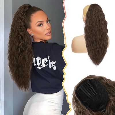 BARSDAR 20 Inch Wavy Claw Clip Ponytail Extension + Comb Clip Drawstring Curly Ponytail Extension- Brown
