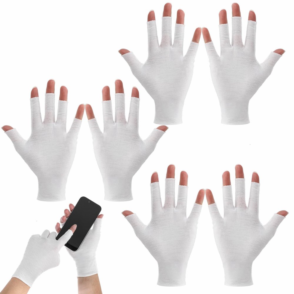 3 Pairs Cotton Gloves, 100% White Cotton Moisturizing Gloves for Dry Hands, Fingerless Touchscreen Design for Sleeping Eczema Spa Treatment Overnight Hydration Unisex Size