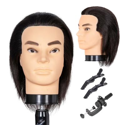 Eumos Mannequin Head, Male Mannequin Head with 100% Human Hair 12'' Barber Mannequin Head Hairdresser Manikin Training Head for Hair Practice Cutting Styling(Black)