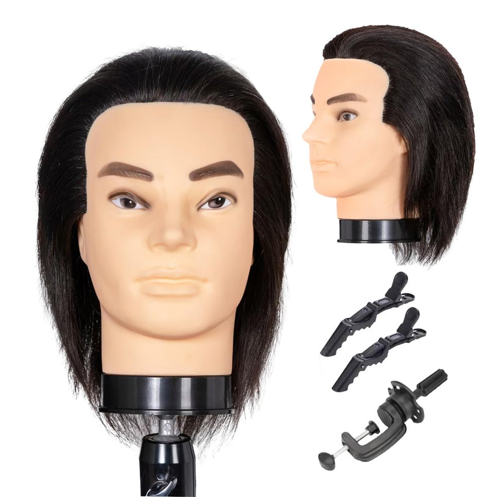 Eumos Mannequin Head, Male Mannequin Head with 100% Human Hair 12'' Barber Mannequin Head Hairdresser Manikin Training Head for Hair Practice Cutting Styling(Black)
