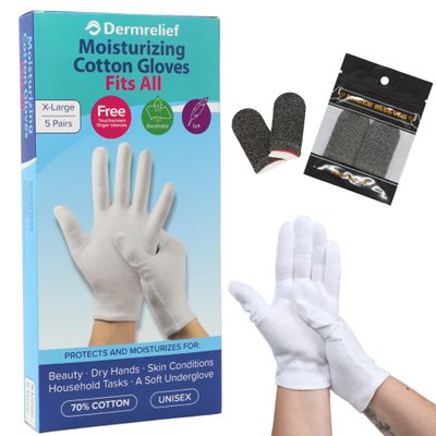 Dermrelief Cotton Gloves Fits All - for Beauty, Dry Hands, Eczema, Dermatitis and Psoriasis (5 Pairs) with Touchscreen Finger Sleeves (Extra Large)
