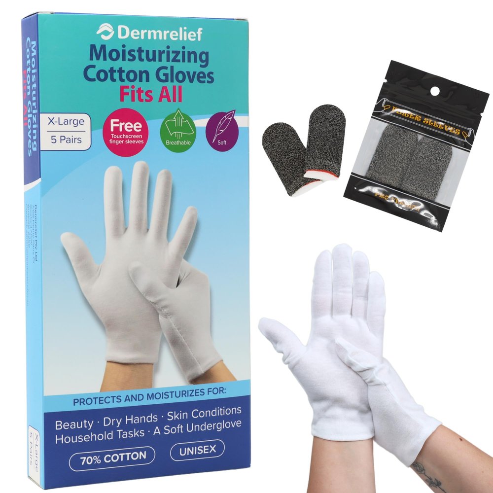 Dermrelief Cotton Gloves Fits All - for Beauty, Dry Hands, Eczema, Dermatitis and Psoriasis (5 Pairs) with Touchscreen Finger Sleeves (Extra Large)