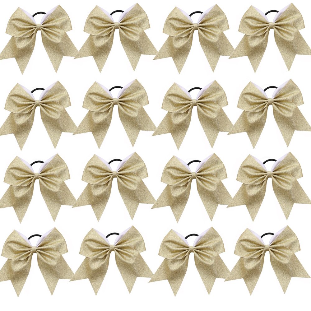 16 PCS Large Gold Glitter Cheer Hair Bows, Shiny Cheerleading Bows Ponytail Holder for Cheerleader Girls Softball Sports and Christmas Tree Decor (Glitter Gold)