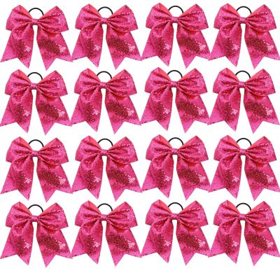 16 PCS Large Glitter Hot Pink Cheer Hair Bows, Shiny Cheerleading Bows Ponytail Holder for Cheerleader Girls Softball Sports and Christmas Tree Decor (Hot Pink)