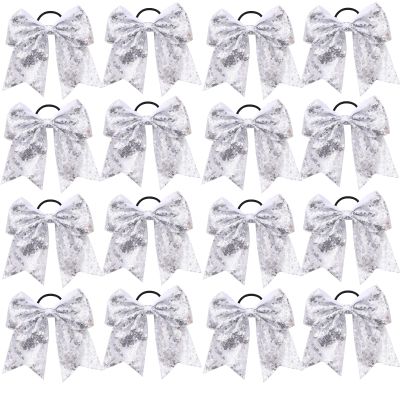 16 PCS Large Glitter Silver Cheer Hair Bows, Shiny Cheerleading Bows Ponytail Holder for Cheerleader Girls Softball Sports and Christmas Tree Decor (Silver)