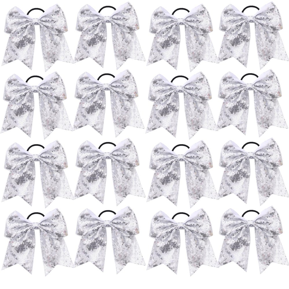 16 PCS Large Glitter Silver Cheer Hair Bows, Shiny Cheerleading Bows Ponytail Holder for Cheerleader Girls Softball Sports and Christmas Tree Decor (Silver)