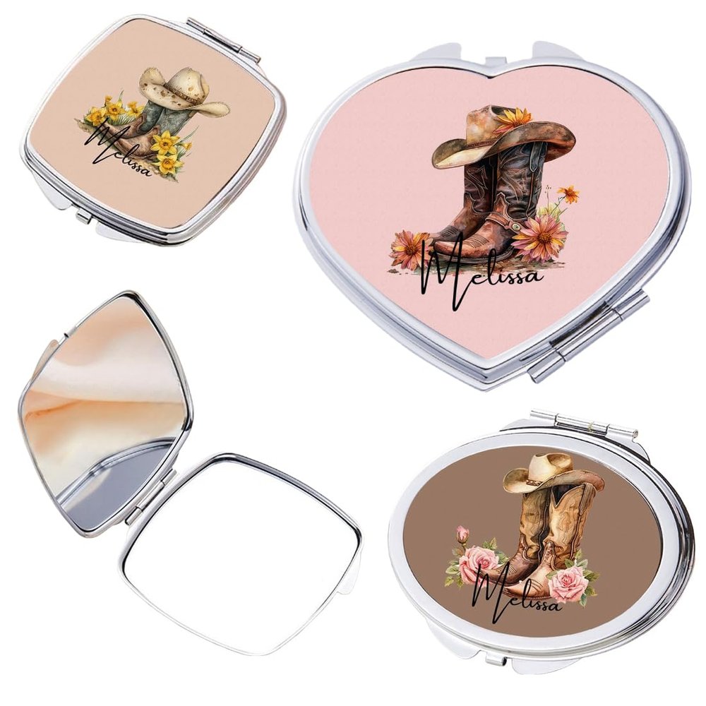 Custom Name Cowgirl Boots Compact Mirror with Birth Flower for Women Girls Mom Bridesmaid Gifts Travel Makeup Mirror Personalized Pocket Mirror Small Hand Mirror Portable Cosmetic Make Up Mirror