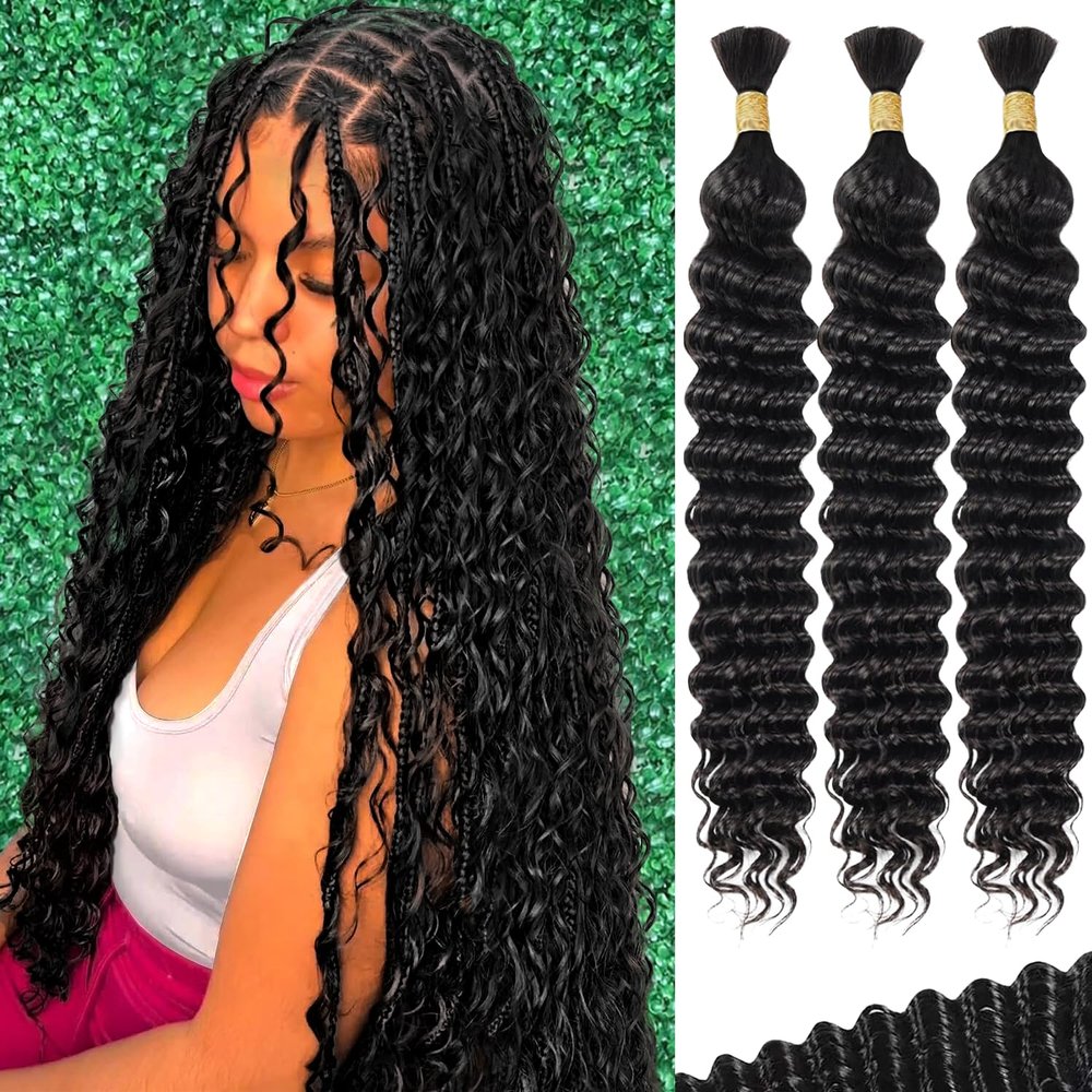 AKONSOUL Human Braiding Hair Boho Braids 110g 12A Deep Wave Bulk for Braiding No Weft 3 Bundles Wet and Wavy Curly 100% Human Hair Extensions 18 Inch Color 1B Natural