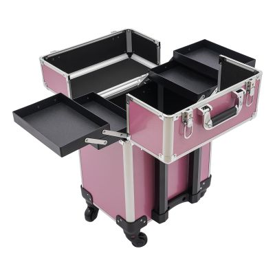 AOOCHU Rolling Makeup Train Case Travel Make Up Case Cosmetic Train Case Rolling Portable Makeup Case Beauty Train Case With Universal Wheels & Key For Hairdresser Makeup Artist (Pink)
