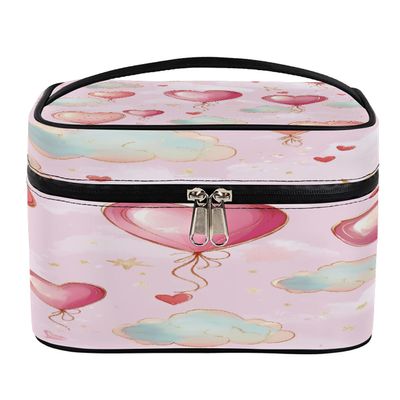 Makeup Bag Colorful Heart Balloon Cloud, Large Capacity Travel Toiletry Bag for Women with Handle and Elastic Fixed Rope Portable Makeup Bag Organizer