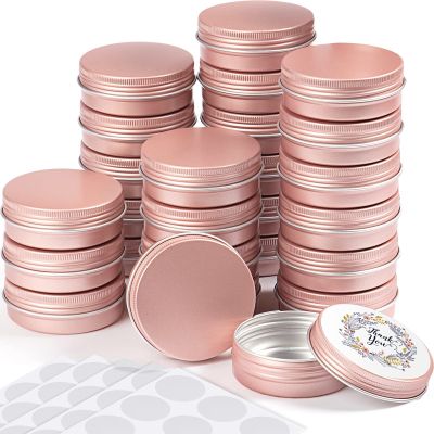 120 Pcs Rose Gold 2 oz Metal Round Tins Salve Tins with Screw Lid Metal Jars Aluminum Cans Containers 20 Sheets Stickers for Wedding Party DIY Gift Candle Making Salve Spice Candies Balms