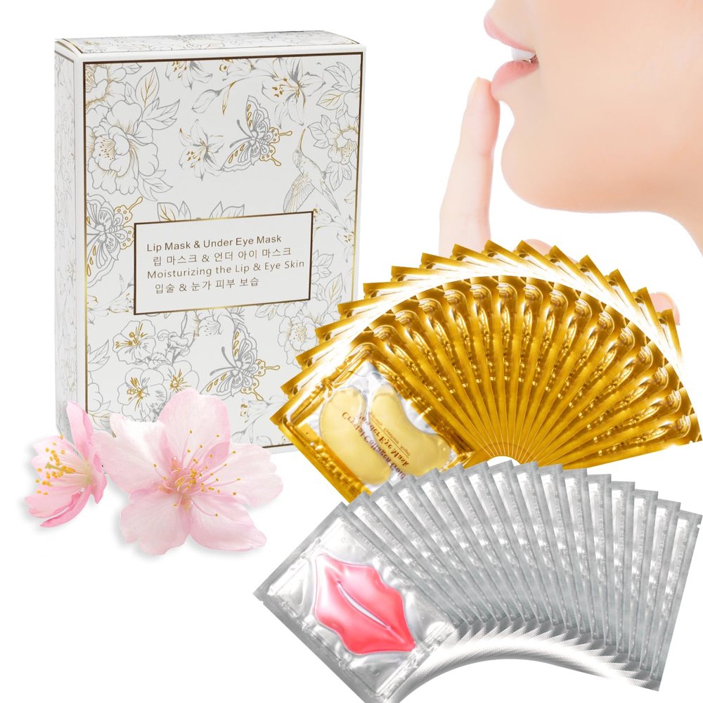 30 Pcs Lip Masks & Under Eye Masks, 24K Gold Gel Crystal Collagen Under Eye Patches for Puffy Eyes and Dark Circles, Effectively Moisturizing the Lip & Eye Skin, Reducing Wrinkles & Fine Lines