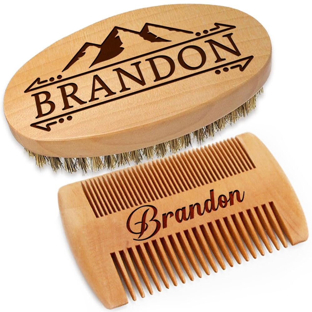 Personalized Name Beard Comb & Beard Brush Set for Men - w/Velvet Travel Pouch and Gift Box