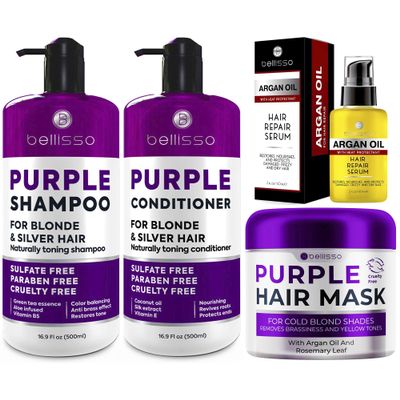 BELLISSO Purple Shampoo and Conditioner Set and Purple Hair Mask and Moroccan Argan Oil Serum