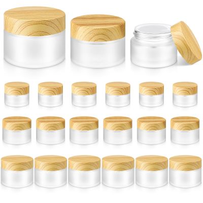 Domensi 18pcs Glass Cosmetic Jars with Wood Grain Lid Frosted Empty Containers Inner Liners Refillable Airtight Sample Jar for Makeup, Body Creams, Lotions, Powder, Home, Travel(50ml, 30ml, 15ml)