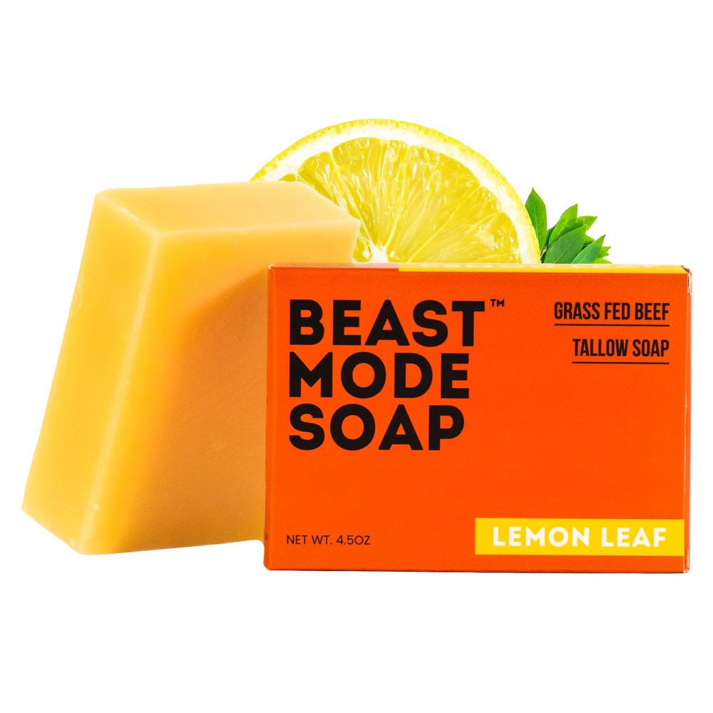 Beast Mode Soap for Men, Lemon Leaf, Single Bar Natural Grass-Fed Tallow Bar Soap, Fresh Scent, Handcrafted, Non-Toxic