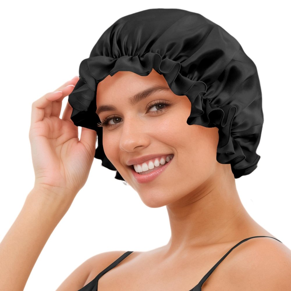 SusanSilk 19 Momme Mulberry Silk Bonnet Shower Cap, Garnet Flower (Black)