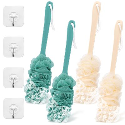 4Pack Back Scrubber for Shower Loofah with Long Handle, Shower Brush for Body, 17 Loofah on a Stick for Men Women Bathing Accessories, Scrubber Sponge for Exfoliating Bath Brushes (Beige & Green)